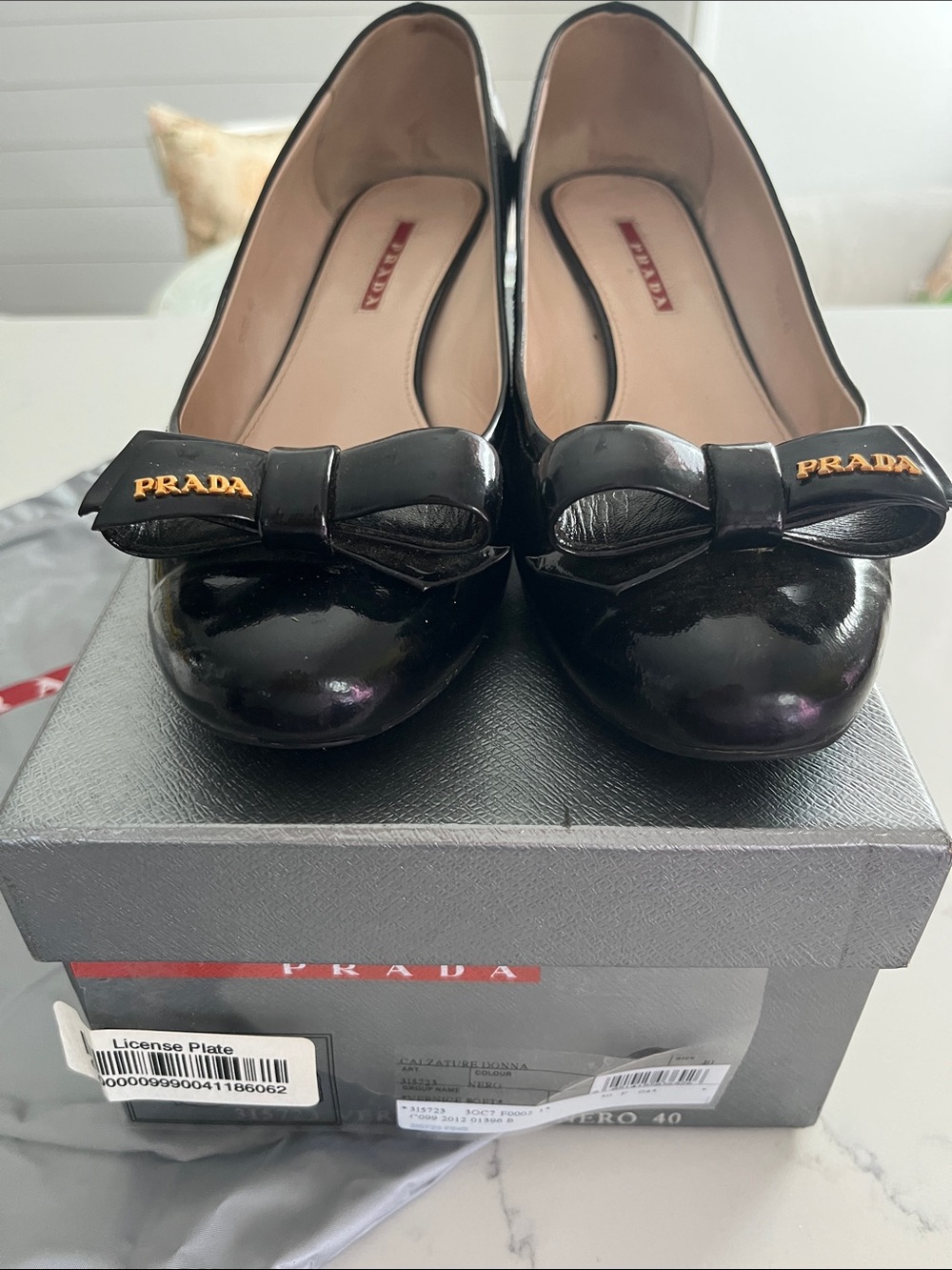 Prada Black Patent Leather Low Heels – Bow Detail (Size 40)